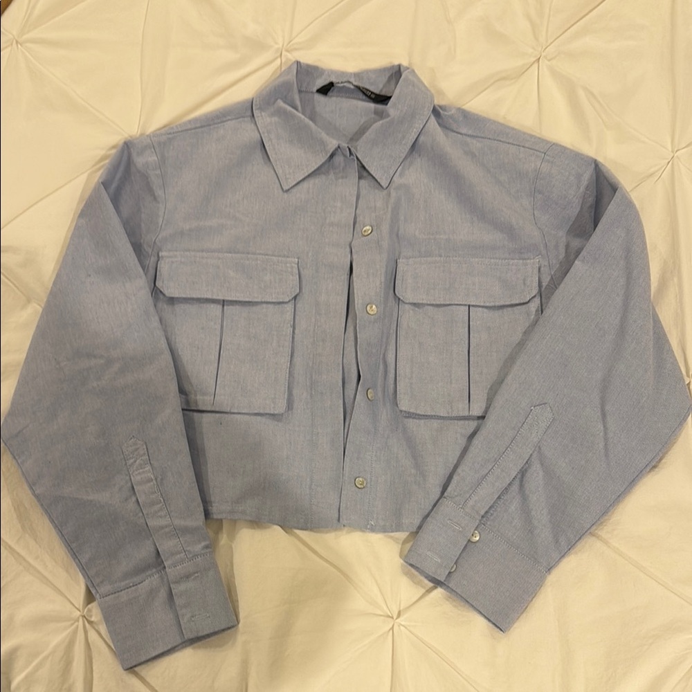 Light Blue Cropped Button-Up Shirt